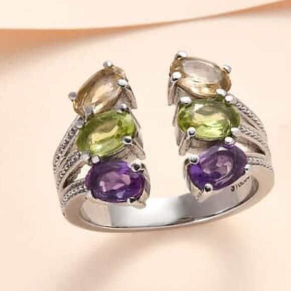 African Amethyst, Peridot, Brazilian Citrine Open Band Ring Size 9 - Picture 2 of 14